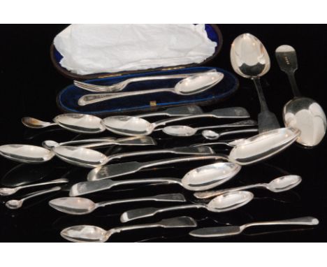 A quantity of Victorian and later hallmarked silver flatware to include two fiddle pattern tablespoons, Exeter 1844 Robert Wi