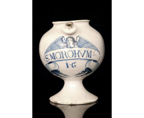 A late 17th Century Lambeth Delft wet drug jar, the globular body with an angel with spread wings over a label inscribed S:MO