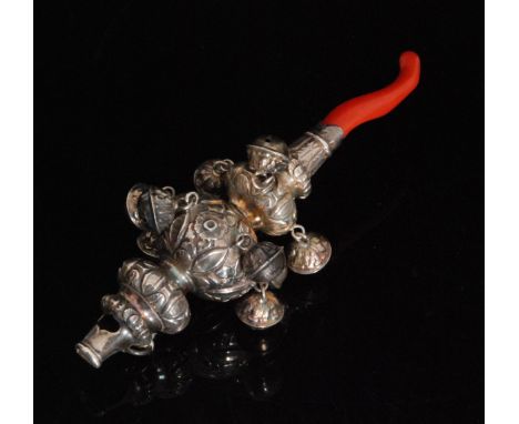 A Victorian silver baby's teething rattle, plain whistle initialled J.H.P. above lobed body with all over embossed foliate an