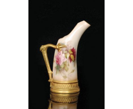 A Royal Worcester tusk jug decorated with a hand painted crimson and pink rose in the style of Millie Hunt, the handle formed