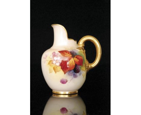A Royal Worcester flat back jug decorated by Kitty Blake with autumnal fruits and berries against a pale ground, signed, puce