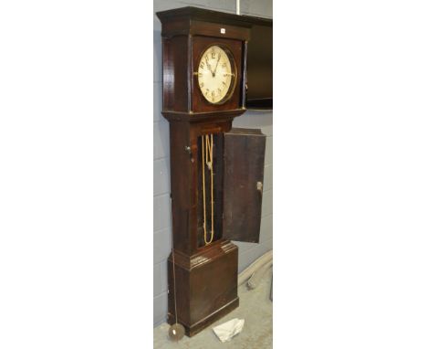A 19th Century oak and mahogany crossbanded longcase clock with circular Arabic dial and thirty hour striking movement enclos