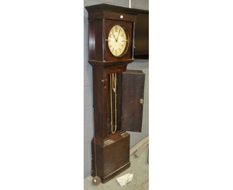 A 19th Century oak and mahogany crossbanded longcase clock with circular Arabic dial and thirty hour striking movement enclos