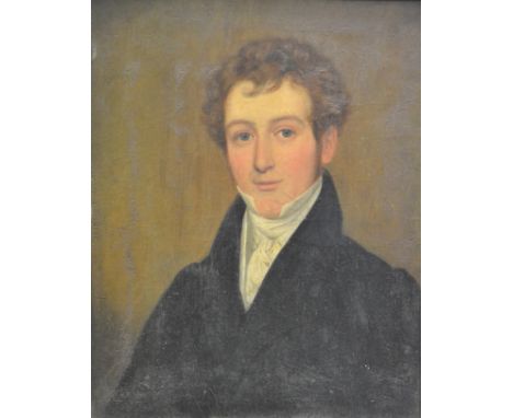 ENGLISH SCHOOL (EARLY 19TH CENTURY) - Portrait of a young man wearing a high collar and black coat, half length, oil on board