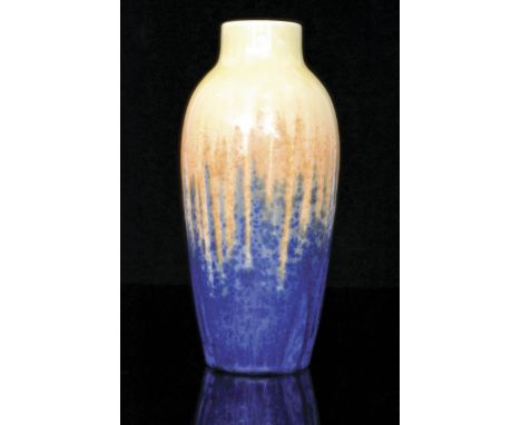 A Ruskin Pottery crystalline glaze vase of high shouldered form decorated in a yellow to orange to blue glaze, impressed mark