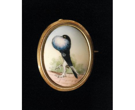 An Edwardian oval ceramic pin brooch depicting a pouter bird (Norwich cropper) strutting on a roof top with the trees behind,