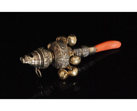 An early 19th Century silver gilt baby's teething rattle, plain whistle above lobed body with profusely engraved foliate deco