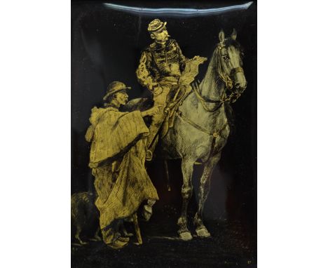 FRENCH SCHOOL (20TH CENTURY) - A cavalryman in conversation with a peasant, enamel on copper, 16cm x 11cm and the companion -