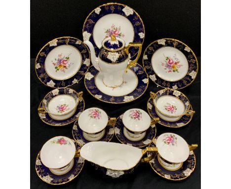 Royal Crown Derby - a Cobalt Vine pattern part tea and coffee  set inc Coffee pot, tea cups and saucers, (4), soup bowls and 