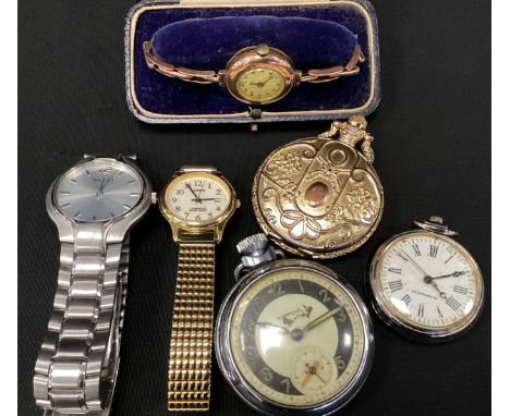 A J W Benson 9ct gold cased 1920s bracelet wristwatch, white enamel dial, Arabic numerals, Swiss 15 jewel manual wind movemen