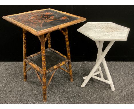 A Victorian bamboo occasional table, painted floral top and under tier, 72cm high, 50cm square;  another smaller, painted whi