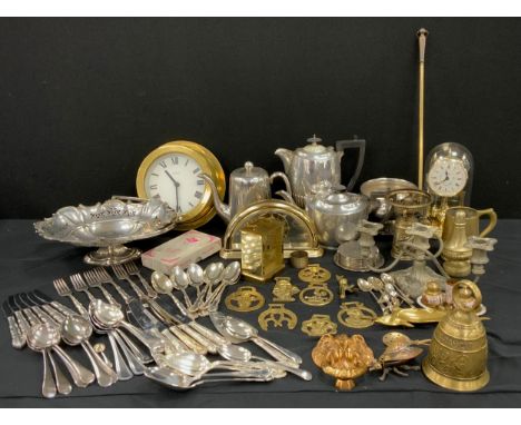 Metal ware - Brass lion head door knocker, flatware, 20th century plated fruit basket, tea pot; etc 