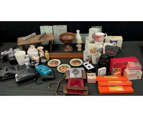 Boxes and Objects - 19th century carved wood book stand, commemorative cups, cameras including; Canon, Pentax, Minolta; etc 