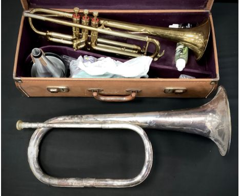 Musical instruments - A Selma Invicta Trumpet, cased, with mouth-piece, and accessories;  a Besson and Co. Class A Bugle, (2)