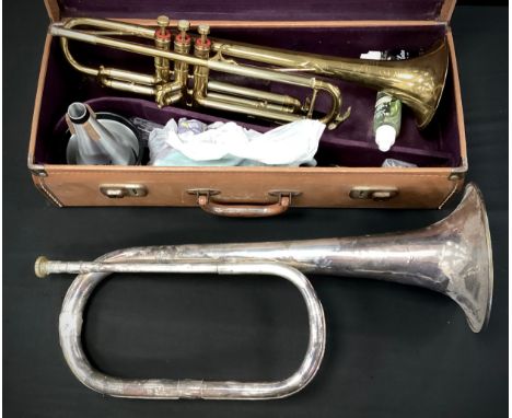 Musical instruments - A Selma Invicta Trumpet, cased, with mouth-piece, and accessories;  a Besson and Co. Class A Bugle, (2)