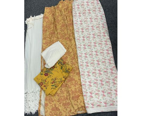 Textiles -a pair of  Laura Ashley gold and red pattern curtains, height 183cm x width 163cm, Cath Kidson style bed quilt, 177