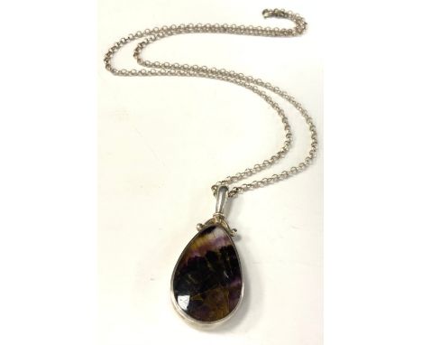 A blue john fluorite silver mounted teardrop pendant necklace, C W Sellors Ltd, Sheffield 1986, on 925 silver chain, 