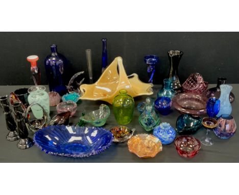 A collection of Art Glass inc Murano, Mdina, Caithness, Wedgwood, Davidson cloud glass etc inc pair of candlesticks, Angel Fi