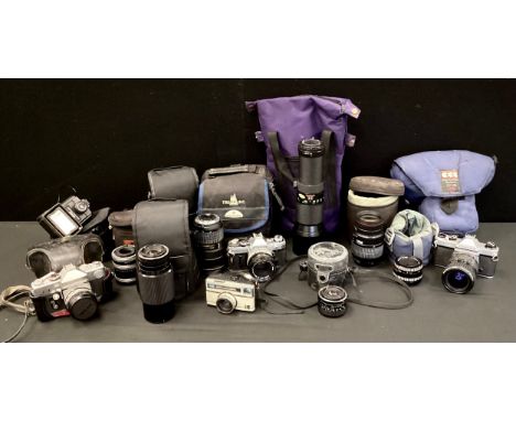 Cameras - Canon AE-1 35mm body, assorted lenses, 50mm, 28mm, 70-200mm, Vivitar 400mm, Sigma 70-300mm, Pentax K1000 with 28-80