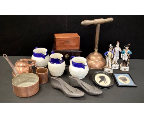 Boxes and Objects - a pair of cast iron cobblers lasses, copper, silhouette portraits, a pair of Spode blue and white moulded