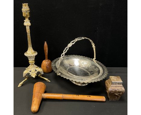 A 19th century brass table lamp, tripod hoof feet,  oval swing handle silver plated bowl,  treen Leading/Roofing mallet etc 