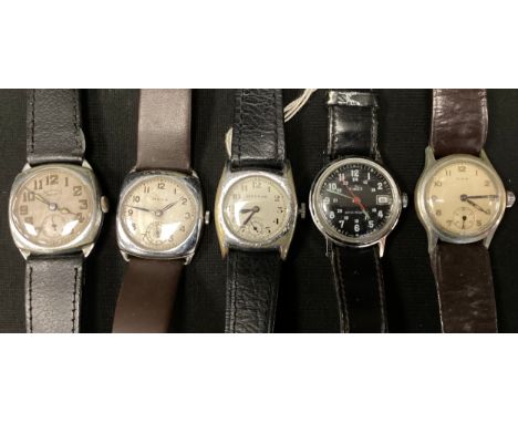 Vintage Watches - a 1940s Services Aerist silver plated cased wristwatch, silver dial, bold luminous Arabic numerals, others,