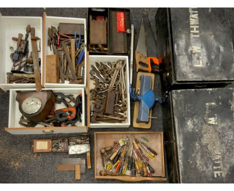 Tools and equipment - Precision mitre hand saw, fine woodworking tools including; tri-square, chisels, sliding bevel, cross-c