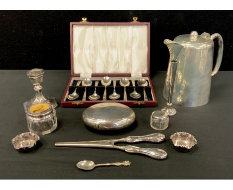 Silver - set of eight teaspoons, Deakin &amp; Francis, Birmingham 1966, pair of open salts,  oval silver tobacco box (welded/