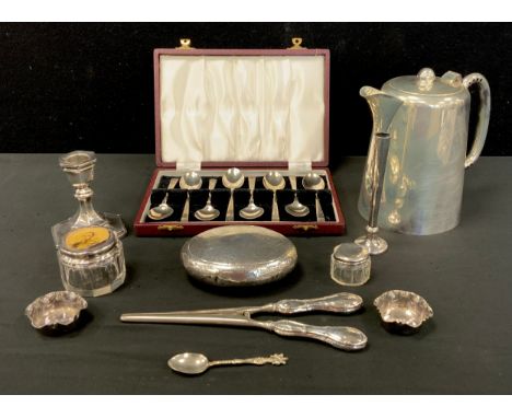 Silver - set of eight teaspoons, Deakin &amp; Francis, Birmingham 1966, pair of open salts,  oval silver tobacco box (welded/