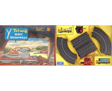 Tri-ang Minic motorways set, M.1511, Commercial Vehicles, BP tanker and Transcontinental flatbed lorry, both blue and yellow,