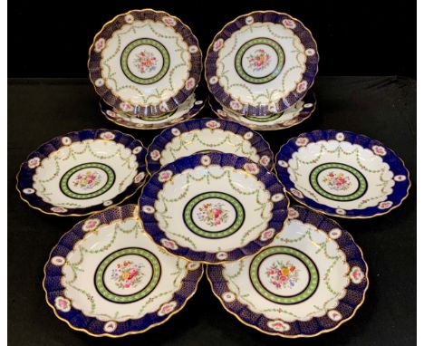 A set of ten Copeland Spode china soup bowls, retailed by T Goode &amp; Co London, with floral and garland swags, insect, but