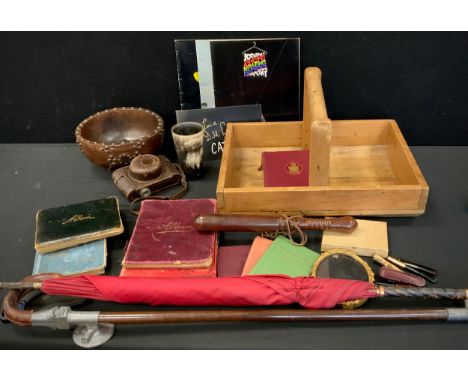 Boxes and Objects - a elm bowl, with mounted coins and studded decoration, 22cm dia, horn hunters cup, shooting stick, 20th c