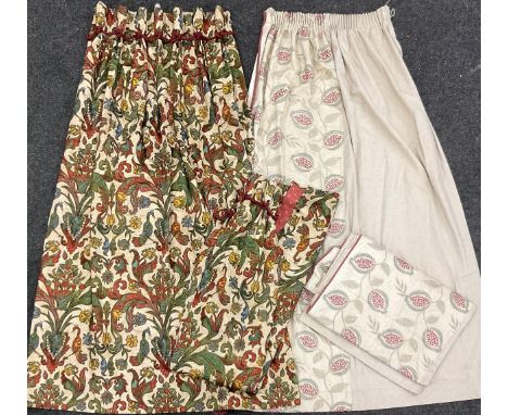 A pair of inter-lined weighted curtains, each panel 210cm drop x 160cm wide;  another pair of curtains, pomegranate pattern, 