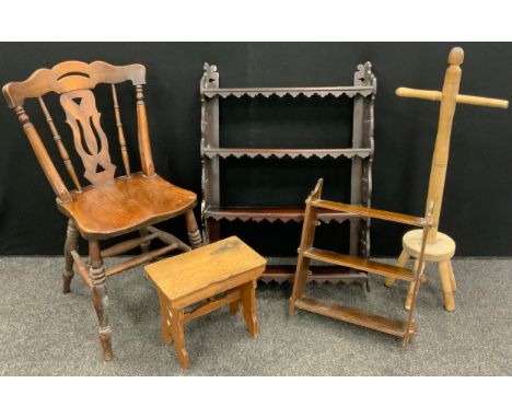 A Victorian Elm Kitchen chair;  Edwardian mahogany four tier wall shelf;  19th century stool;  etc, (5). 