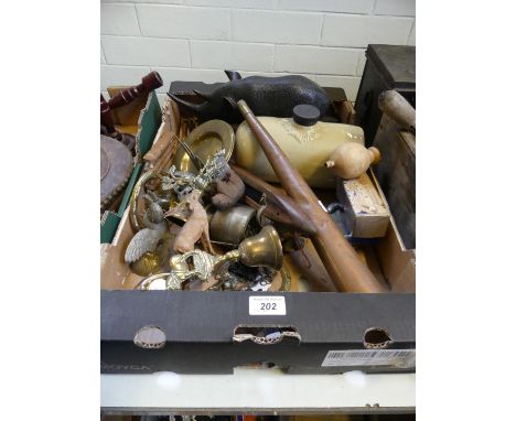 A mixed lot to include a stoneware hot water bottle, silver-plated model cockerels, wooden rhino, copper post horn, etc.