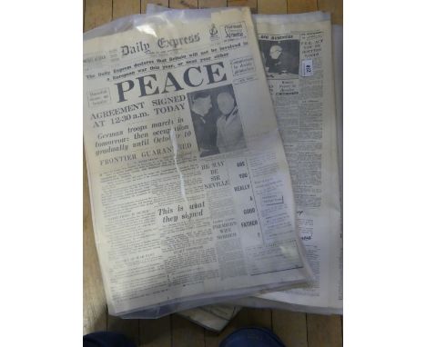 A collection of WWII interest newspapers, to include Daily Express, Daily Herald, Daily Mirror, Daily Telegraph, Evening Stan