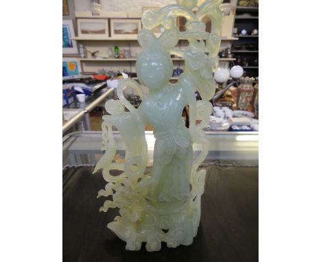 A 20th Century Chinese simulated jade or glass model of female figure, amongst foliage 27cm high.    CONDITION REPORT:  Appea