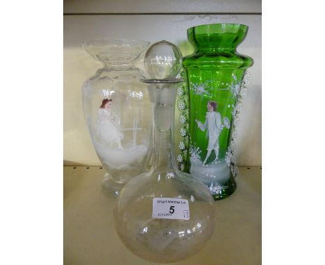 A mixed lot comprising two Mary Gregory style vases, one in clear and one in green glass, together with a further clear glass