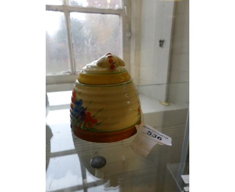 A Clarice Cliff Newport Pottery Beehive honey pot, decorated in the 'Crocus' pattern, factory marks to base, height 10cm COND