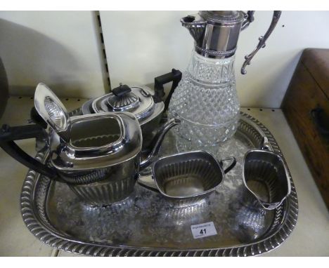 A silver-plated four piece tea/coffee set, together with a serving tray, clear glass claret jug with silver-plated mount and 