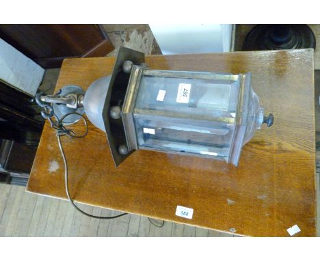 A good quality decorative copper plate and bevelled glass hanging lantern. (sold electrically untested).