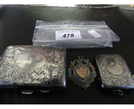 A mixed lot comprising hallmarked silver cigarette case with foliate engraving, similar decorated vesta case and a further wa