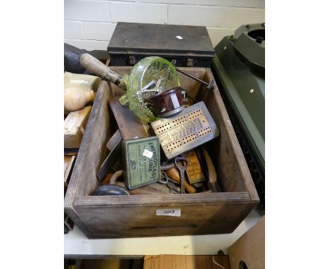 Two boxes of various vintage tools, cribbage board, vintage amp meter, etc.