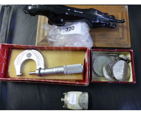 A mixed lot comprising Jaguar car mascot, boxed micrometer calipers, various mounted and loose coinage, mother of pearl vinai