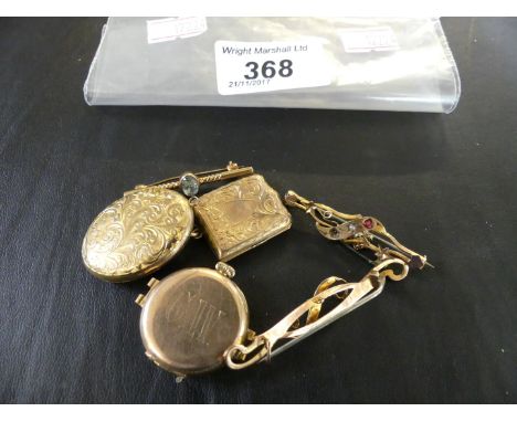 A 9k gold and seed pearl bar brooch, together with two further brooches, a watch and two pendants (6)