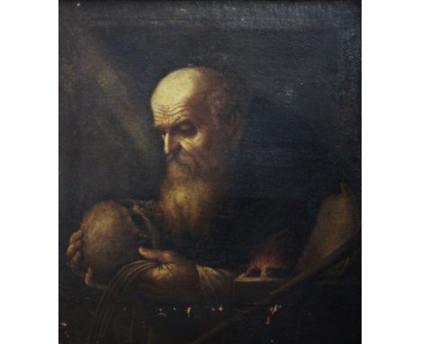 Old Master study of bearded gentleman holding a skull possibly St Jerome Oil on canvas, inset into a heavy moulded gilt frame