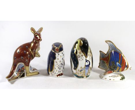 Royal Crown Derby paperweightsComprising Pacific Angel fish, Kangaroo, Penguin and chick and Rock Hopper Penguin, largest 15c