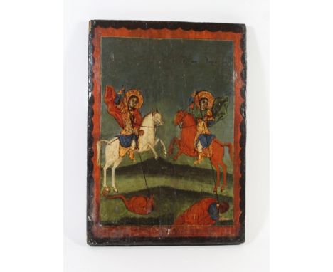 A hand painted wooden panelIn the 18th Century style, possibly Greek, painted with two hunting figures on horseback in landsc
