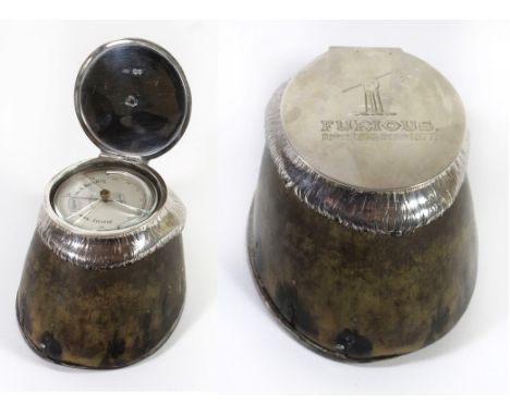Ross of London, an unusual desk aneroid barometer/ thermometer combinationMounted in a horse hoof with silver hinged lid mark