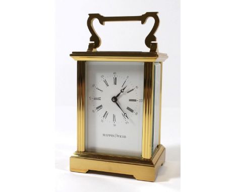 A contemporary Mappin & Webb brass framed four glass carriage clockFitted with cylinder escapement and enamel dial with Roman